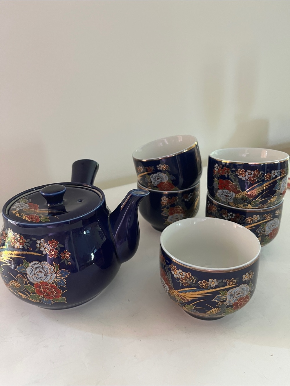 Vintage Porcelain Tea Set /side handle and 5 cups  Blue/gold with floral design